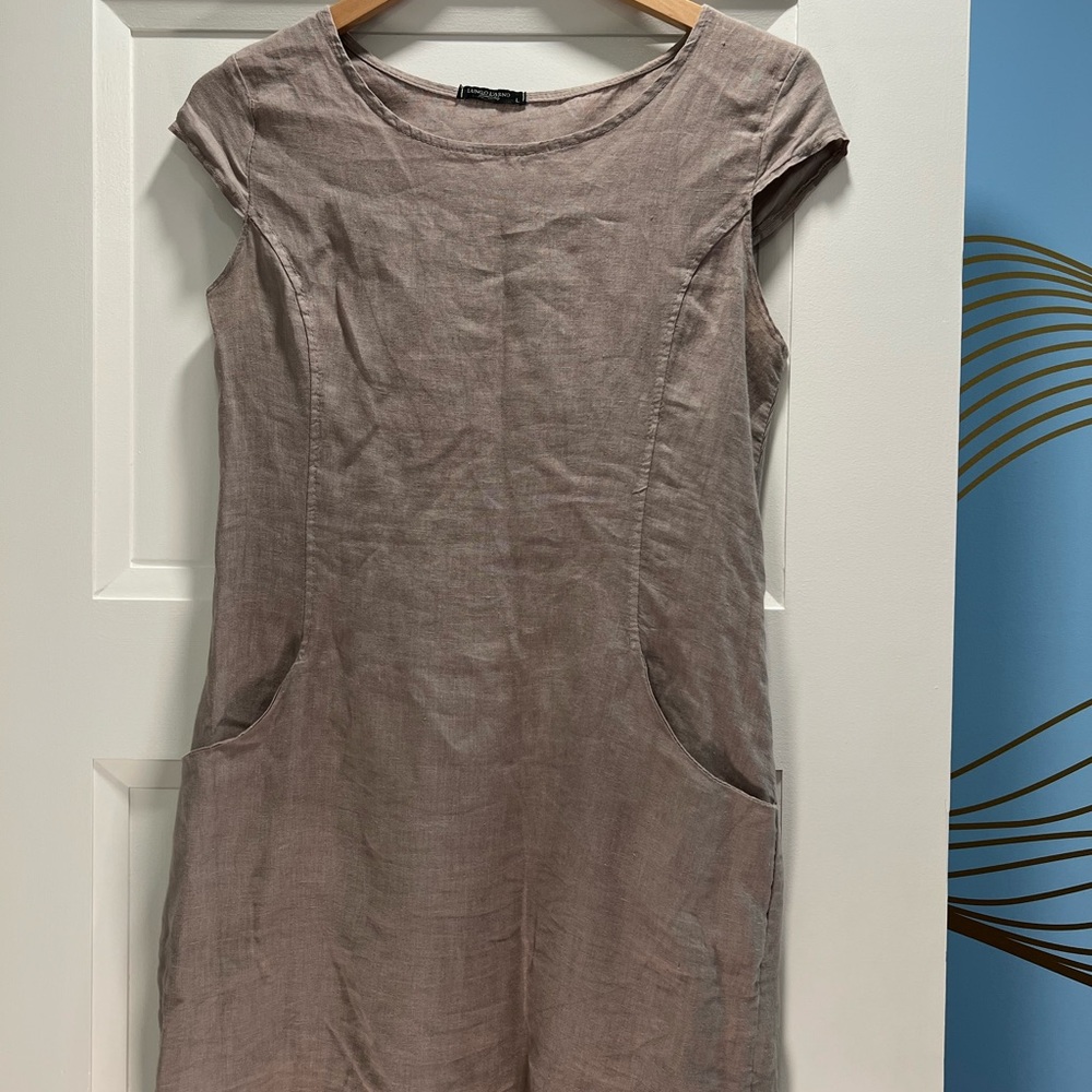 Women's Cap-Sleeve Linen Midi Dress in Tan